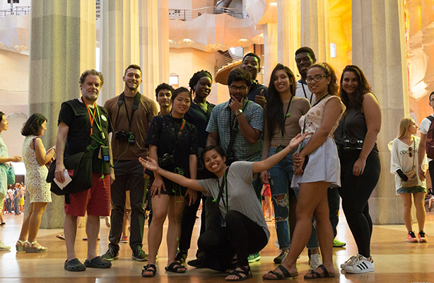 Architecture students and Professor Fabian Llonch (left) at the Basílica i Temple Expiatori de la Sagrada Família in Barcelona during their summer 2017 study abroad.