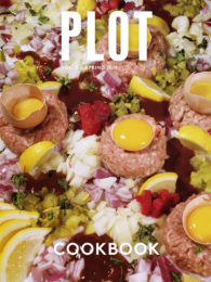 Plot Cookbook Cover: bird picking at artfully prepared food