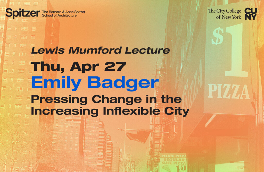 The Lewis Mumford Lecture flyer features a gradient orange background with black text detailing the lecture's information.