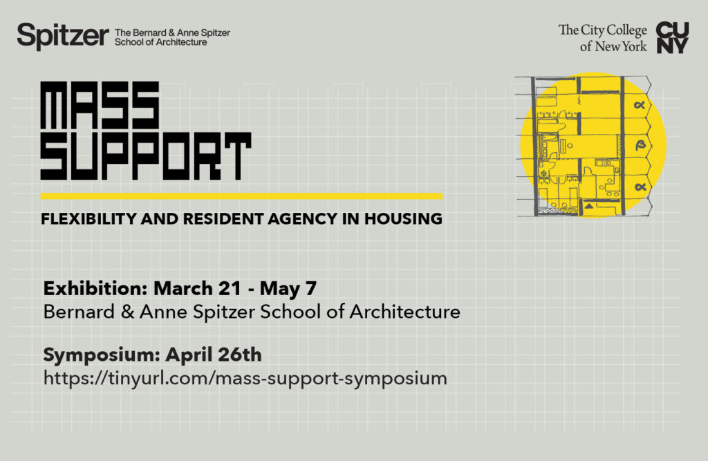 The Mass Support flyer features a gray background with a floor plan in the upper right corner, exhibition dates, and a link.