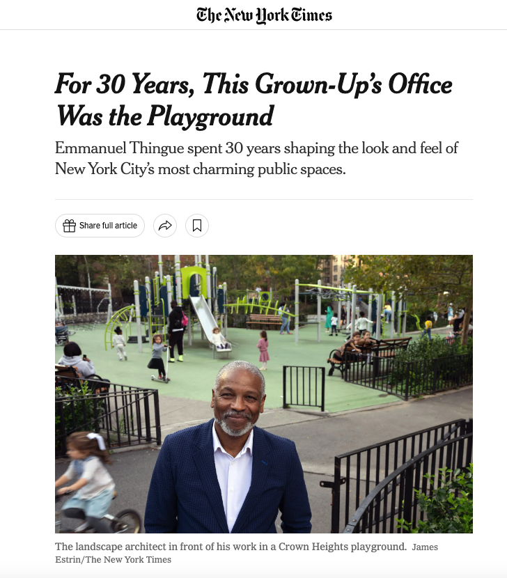 News headline text and image of Emmanuel Thingue standing in front of a playground.