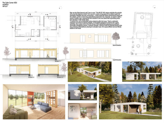 Composite image of floor plans, interior building images of a home, and a building in front of a green grass lawn.