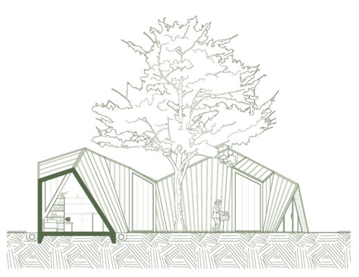 Drawing of a building and a tree.