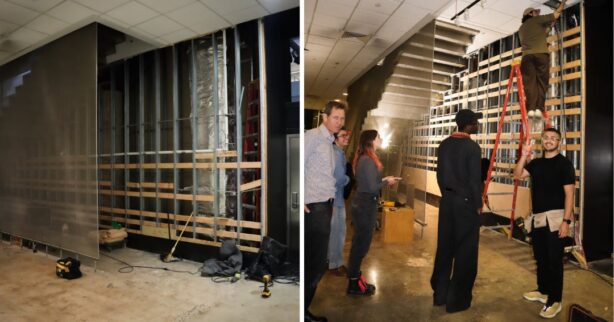 a diptych composite photograph. left: a construction site underneath a stairwell. right: an instructor and students working in front of the construction site underneath the stairwell.