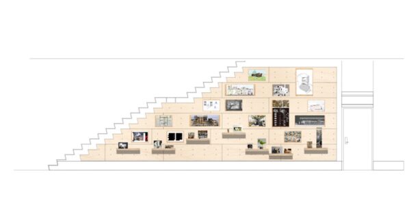 architectural drawing of under the stairwell with student projects as hanging artwork.