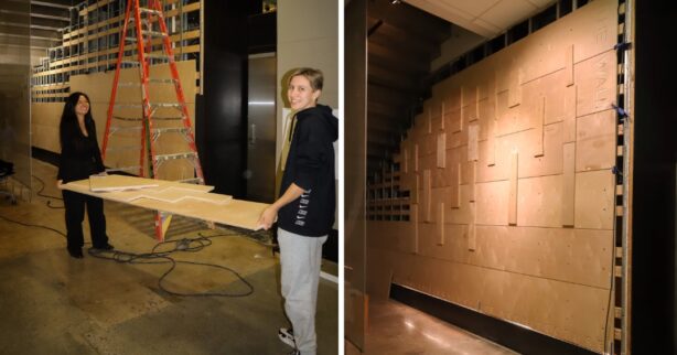 diptych photograph composite: left image of two students carrying construction materials. right image is the stairwell wall in progress.
