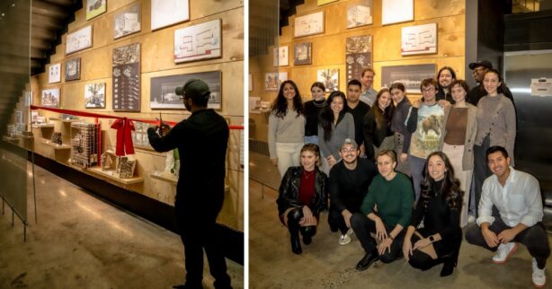 composite diptych image: left photograph is student cutting the red ribbon in front of the Under the Stairwell project. right image is a photograph of a group of students, front row is seated, back row is standing.