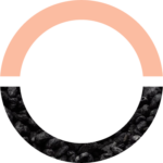 Graphic of a circle; the upper half is coral pink and the bottom half features a photo of rocks.