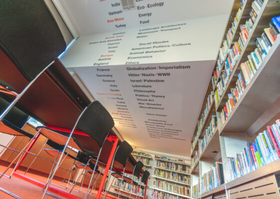 Photograph of Sorkin Reading Room's ceiling with decals of words.