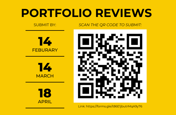 Flyer with a QR code for the Spring 2025 portfolio review submissions