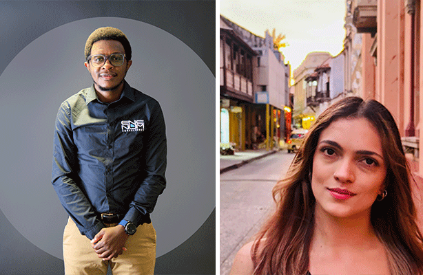 A side-by-side image of two people. On the left, a man with glasses and a black shirt with a company logo on the chest, stands with his hands clasped, posing in front of a gray and white background. On the right, a woman with long brown hair, wearing a black top, looks directly at the camera. She is outside on a cobblestone street with old buildings behind her.