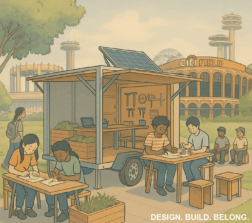 An illustration of a diverse group of young people engaged in design and construction activities around a mobile workshop trailer. The setting is an outdoor park in Queens, New York, with the iconic Unisphere and Citi Field visible in the background. Under a solar-powered trailer, youth are seated at wooden tables sketching and working with tools. The trailer is organized with a pegboard of tools and built-in storage. The overall style is a warm, soft-toned digital illustration with a communal, educational atmosphere. In the bottom right corner, the text reads: 