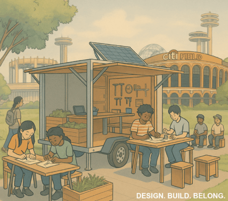 An illustration of a diverse group of young people engaged in design and construction activities around a mobile workshop trailer. The setting is an outdoor park in Queens, New York, with the iconic Unisphere and Citi Field visible in the background. Under a solar-powered trailer, youth are seated at wooden tables sketching and working with tools. The trailer is organized with a pegboard of tools and built-in storage. The overall style is a warm, soft-toned digital illustration with a communal, educational atmosphere. In the bottom right corner, the text reads: 