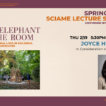 A promotional flyer for the Spring 2026 Sciame Lecture Series at the Spitzer School of Architecture. The event, titled "The Elephant in the Room: Locating Animal Lives in Buildings, Cities, and Landscapes," features guest speaker Joyce Hwang presenting her lecture, "In Consideration of Neighbors". The lecture is scheduled for Thursday, February 19, at 5:30 PM in room SSA 107. The graphic includes two images: on the left, a photograph of people gathered around a tall, complex wooden outdoor installation in a wooded area; on the right, a headshot of Joyce Hwang, a woman with long dark hair and black-rimmed glasses. The footer displays logos for The City College of New York and CUNY.