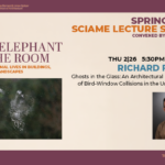 A promotional graphic for a lecture by Richard Fadok as part of the Spring 2026 Sciame Lecture Series at the Spitzer School of Architecture, titled "Ghosts in the Glass: An Architectural Hauntology of Bird-Window Collisions in the United States." The flyer includes a headshot of Fadok, a photograph of a dusty bird-shaped imprint on a glass pane, and event details for Thursday, February 26, at 5:30 PM in room SSA 107.