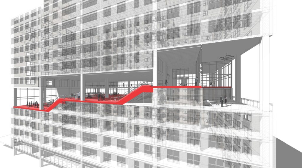 A large-scale architectural section drawing of a high-rise building, rendered with semi-transparent white lines. The focus is a bright red, continuous circulation path—a 