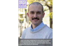Portrait of a smiling man with a mustache, featuring a 'CCNY GREAT GRADS 2026' logo in the top left corner. A text overlay at the bottom reads: 'I wasn't sure about coming back to school after seven years of working and pursuing a field I had no previous experience in, but my classmates and professors made the transition back into academic life smooth and welcoming.'