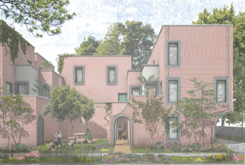 Digital elevation perspective of a multi-level residential building constructed with light pink or terracotta-toned brick masonry. The massing steps down with upper-level balconies and planted roof terraces, punctuated by deeply inset rectangular windows with gray trim and ground-level arched passages. In the foreground, a landscaped courtyard features wildflower beds, mature shade trees, scale figures gathered around outdoor seating, and pedestrians walking through an arched central breezeway.