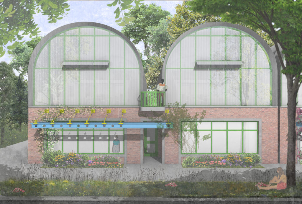Front elevation digital rendering of a two-story building featuring a textured red-brick facade on the ground floor and two large barrel-vaulted, arched roofs on the upper level. The upper arches are enclosed with translucent, vertically paneled glass supported by bright green frames, with a small central green balcony between them. The lower level includes expansive green-framed windows, an entrance sheltered by a suspended blue steel trellis canopy, and colorful flower beds bordered by a lawn with a scale figure resting under a tree in the foreground.