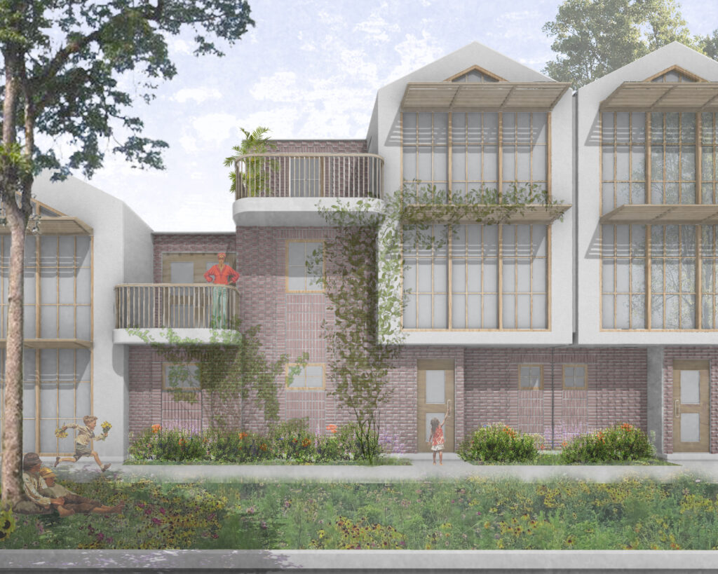 Front elevation digital rendering of modern multi-story residential row houses. The design pairs textured reddish-purple brick masonry on the lower levels with white gabled upper volumes, large grid windows fitted with exterior timber shading louvers, and metal-railed balconies with climbing greenery. In the grassy foreground, children play in a wildflower lawn alongside planted shrubs along the building's edge.